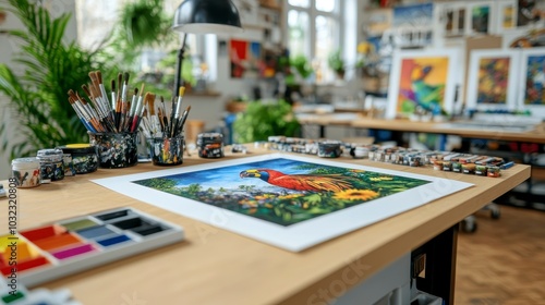 A vibrant art studio featuring a colorful parrot painting and various art supplies.