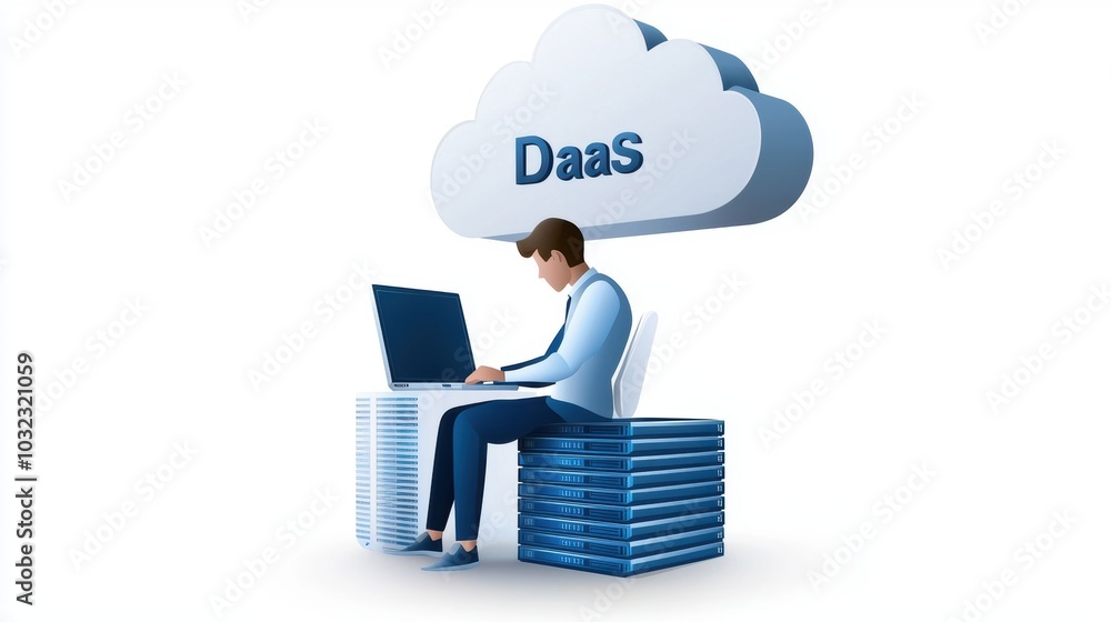 Person working on laptop below cloud with DaaS text, sitting on server stack Person working on laptop below cloud with DaaS text, sitting on server stack