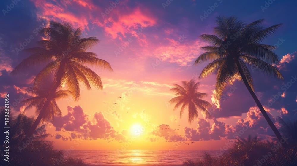 Indian palm trees silhouetted against a dramatic sunset sky, with detailed clouds and light. Indian palm trees silhouetted against a dramatic sunset sky, with detailed clouds and light.