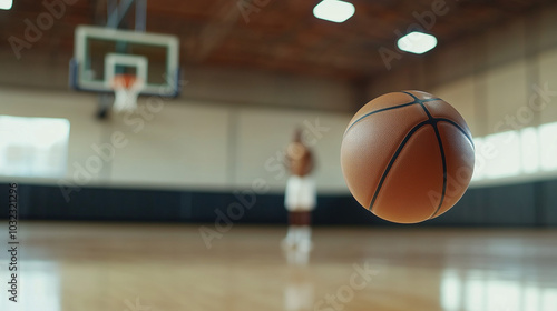 A lonely person is playing basketball in an indoor gym, with a close-up of the basketball hitting the ground and bouncing back. It showcases the love for basketball and the hard work.