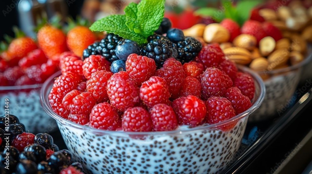 Dessert plate featuring chia seed pudding topped with raspberries and nuts, blending healthy fats and fruits Dessert plate featuring chia seed pudding topped with raspberries and nuts, blending healthy fats and fruits