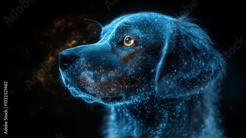 The image depicts a dog's face interlaced with vibrant colors, vivid lights, and futuristic elements photo