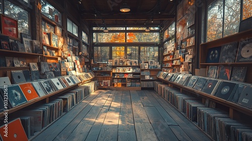 Vintage Record Shop Interior with Wooden Shelves and Soft Lighting photo