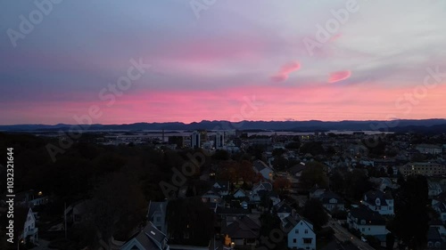 Aerial Drone Shot Over a Suburban City at Sunrise Stavanger, Norway photo