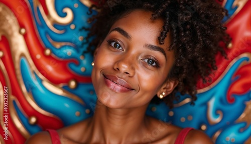 A joyful woman with curly hair beams at the viewer, her expressive smile illuminated by the colorful, dynamic background that adds warmth and energy to her presence