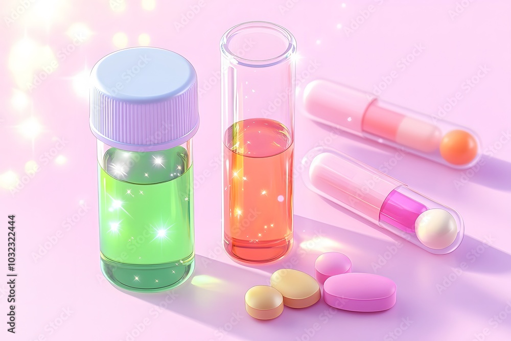 Vector illustration of two cute pill bottles and test tubes, in a simple minimalistic kawaii style with sparkles, on a white background Vector illustration of two cute pill bottles and test tubes, in a simple minimalistic kawaii style with sparkles, on a white background