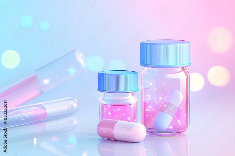 Vector illustration of two cute pill bottles and test tubes, in a simple minimalistic kawaii style with sparkles, on a white background Vector illustration of two cute pill bottles and test tubes, in a simple minimalistic kawaii style with sparkles, on a white background