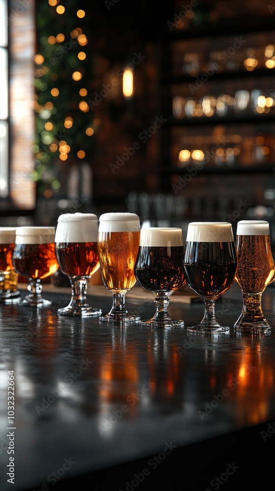 Variety of Craft Beers Displayed in a Rustic Bar Setting Variety of Craft Beers Displayed in a Rustic Bar Setting