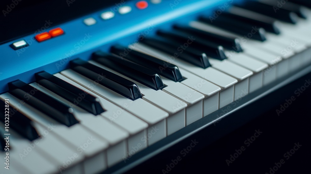 Close-up of a keyboard with black and white keys, designed for music creation and performance. Close-up of a keyboard with black and white keys, designed for music creation and performance.