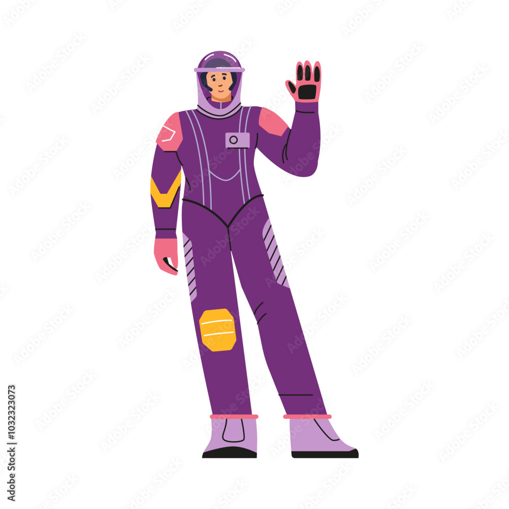 A vector illustration of a young woman in a spacesuit and helmet waving her hand A vector illustration of a young woman in a spacesuit and helmet waving her hand