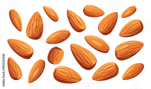 Many almond nuts falling through the air