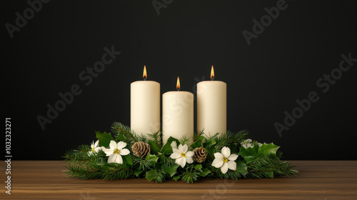 Elegant holiday centerpiece featuring three lit candles surrounded by greenery and white flowers, creating warm and inviting atmosphere for festive occasions