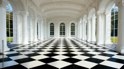 Elegant interior featuring a checkered floor and classical columns  ideal for events.