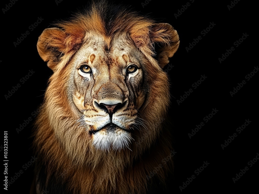 Fototapeta premium Portrait of a big male African lion on black , isolated on white background, , free space text, copy space, copy space for text,