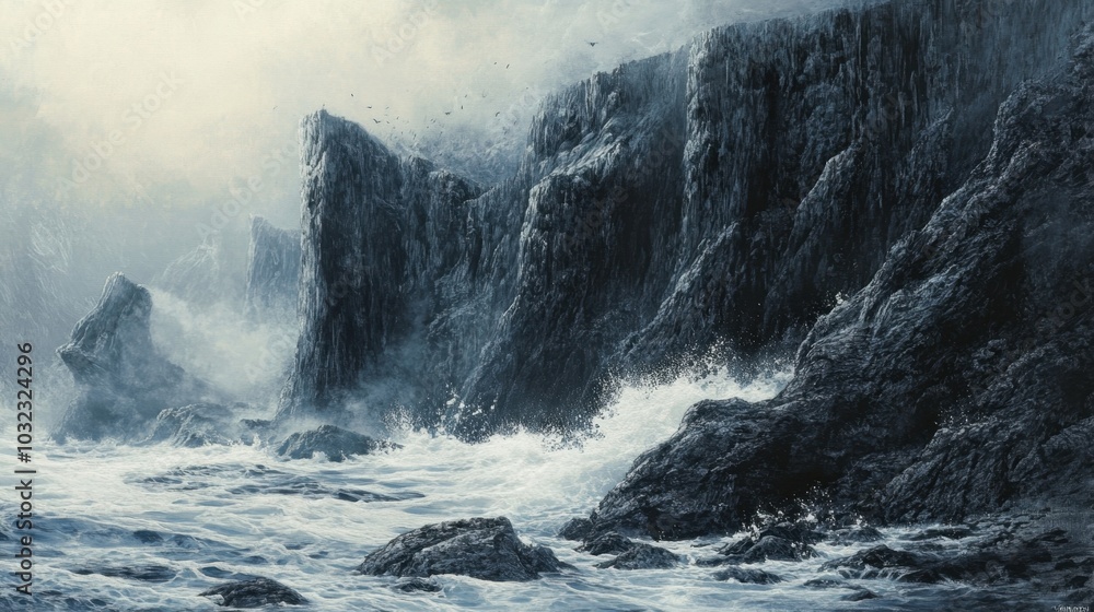 Obraz premium Jagged volcanic rocks on a coastal cliff, with detailed cracks and sea spray hitting the surface.
