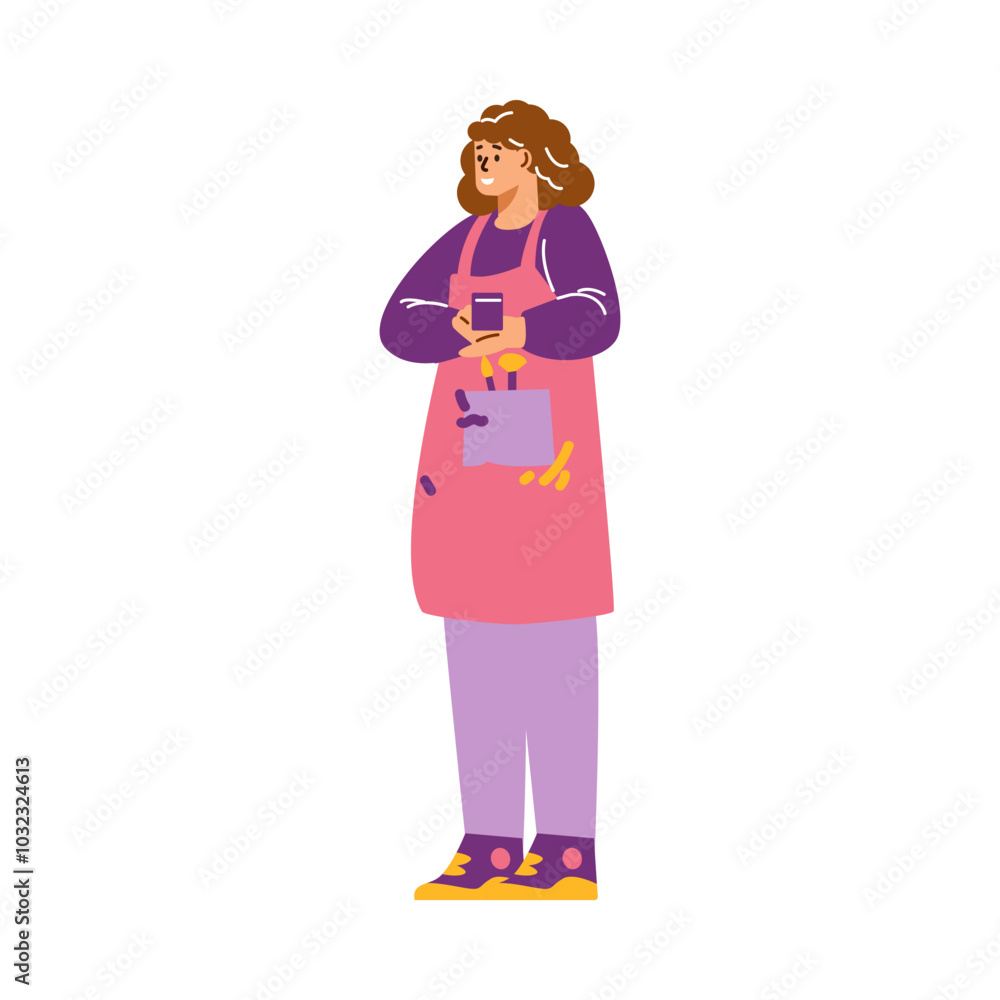 Vector illustration in cartoon style with a young girl in an apron with art brushes Vector illustration in cartoon style with a young girl in an apron with art brushes