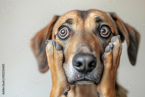 Portrait of embarrassed dog hiding face with paw and looking at camera, copy space , isolated on white background,  , free space text, copy space, copy space for text,