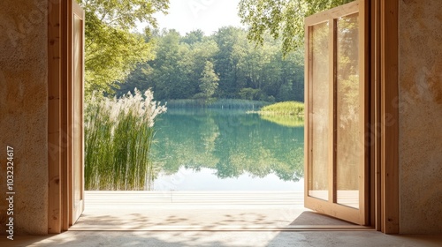 Serene lake view through open wooden doors surrounded by lush greenery in tranquil nature  embracing water wellness