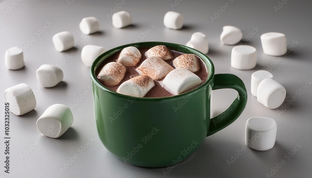 Serene Close-Up of a Steaming Mug of Hot Chocolate in Soft Green Ceramic Mug, Topped with Perfectly Fluffy Marshmallows, Set on a Clean White Surface with Marshmallows Scattered Around Winter Comfort Serene Close-Up of a Steaming Mug of Hot Chocolate in Soft Green Ceramic Mug, Topped with Perfectly Fluffy Marshmallows, Set on a Clean White Surface with Marshmallows Scattered Around Winter Comfort
