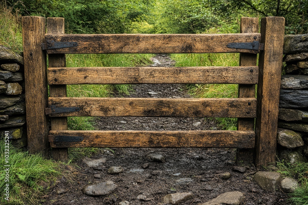 Rustic Wooden Gate Leading to a Path Through Lush Greenery Rustic Wooden Gate Leading to a Path Through Lush Greenery