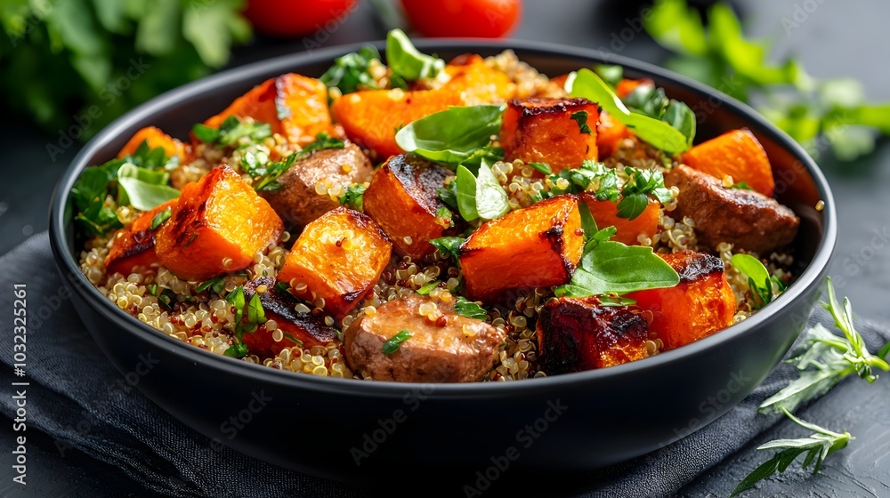 Visually appealing and nutritious vegetarian dish featuring quinoa roasted root vegetables and a vibrant herb based dressing A healthy Visually appealing and nutritious vegetarian dish featuring quinoa roasted root vegetables and a vibrant herb based dressing A healthy
