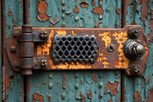 Rusty Metal Door with Hinge, Vent, and Bolt photo