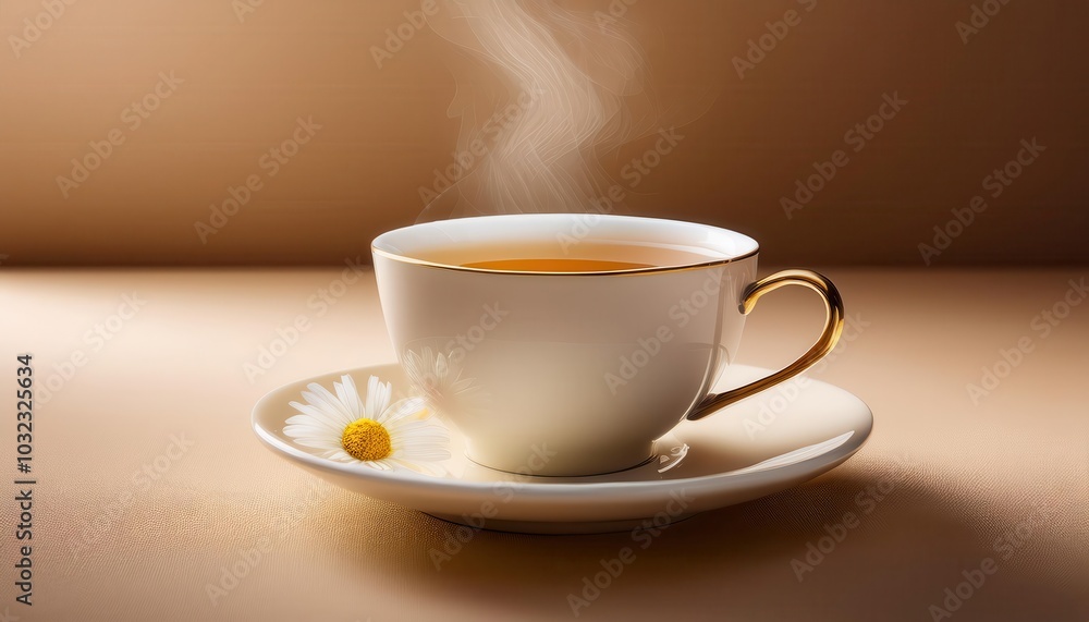 Steaming Chamomile Herbal Tea with Fresh Daisies Floating in a White Cup on Elegant Beige Background. Perfect Concept for Wellness, Relaxation, Aromatherapy, Natural Healing Through Floral Infusions Steaming Chamomile Herbal Tea with Fresh Daisies Floating in a White Cup on Elegant Beige Background. Perfect Concept for Wellness, Relaxation, Aromatherapy, Natural Healing Through Floral Infusions