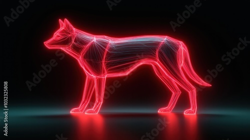 Stunning neon visualization of a canine form a futuristic representation of a dog in a glowing red outline against a dark background