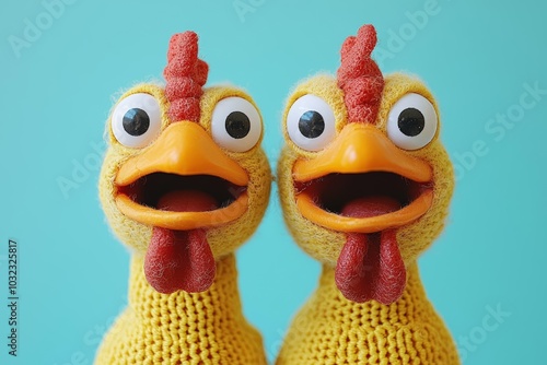 squawking chicken or squeaky toy are shouting and copy space pastel background. , isolated on white background,  , free space text, copy space, copy space for text,