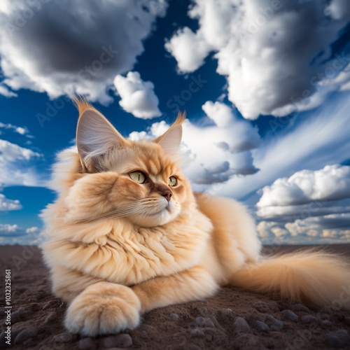 Golden Cat Under a Majestic Cloudy Sky