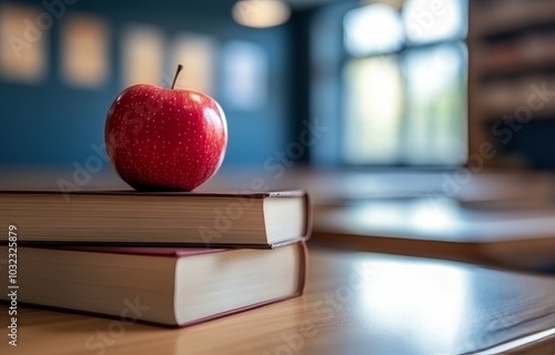 A red apple resting on a closed book in a modern library setting during daytime