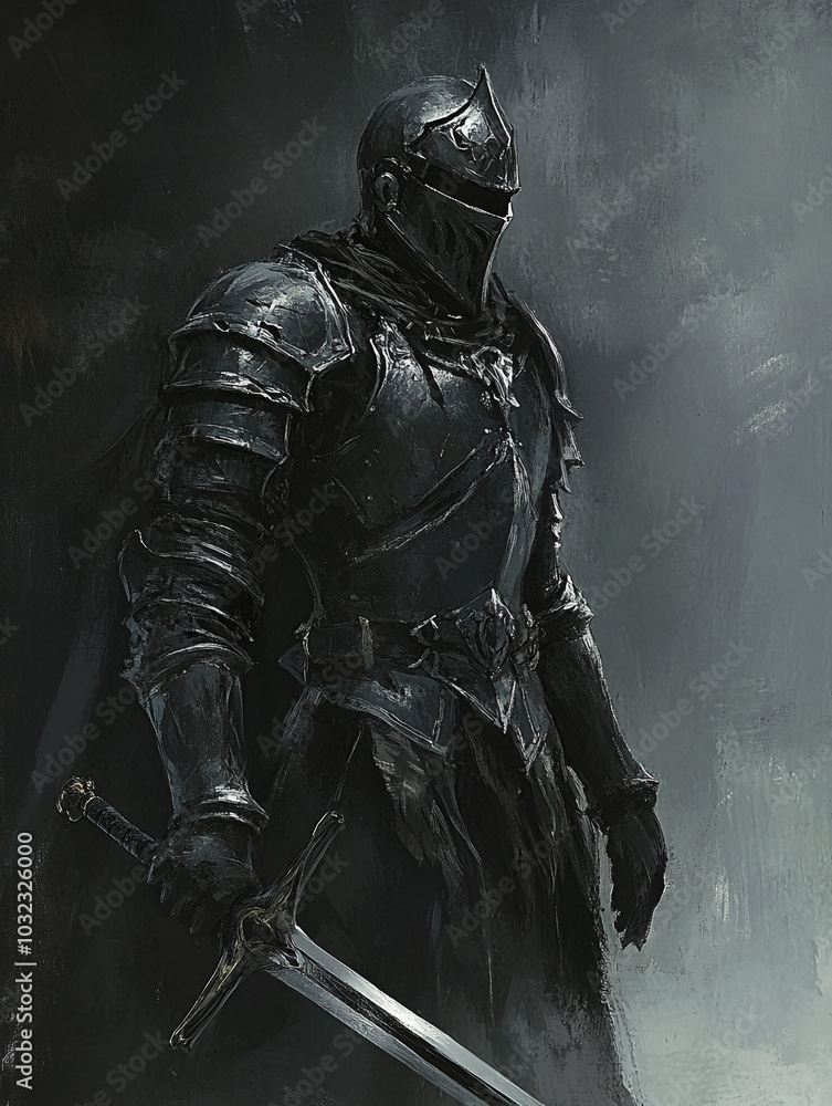 Naklejka premium Man in heavy black plate armor holding a weapon in hand. 