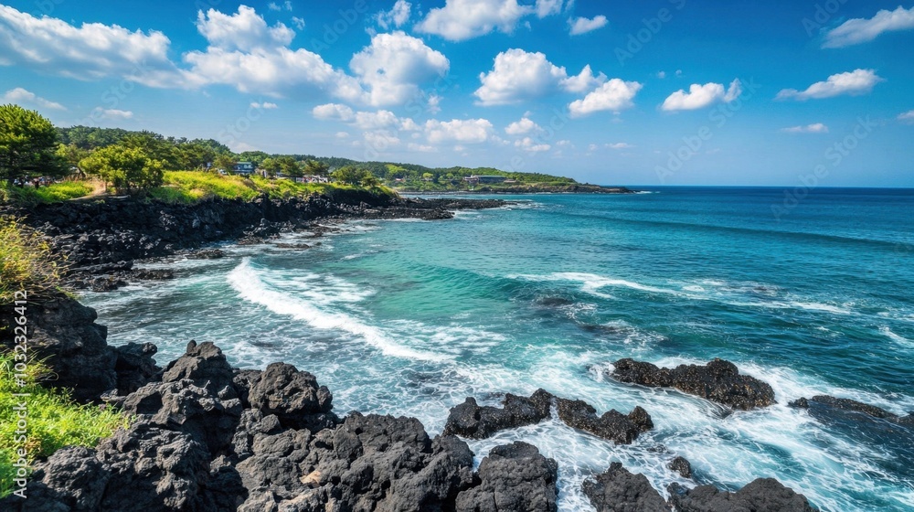 Fototapeta premium Islands detailed volcanic coastline with black rocks and vibrant blue ocean waves.