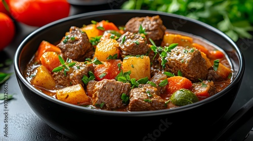 Slow Cooked Hearty Beef and Vegetable Stew Simmering in Aromatic Herbs A Comforting and Flavorful One Pot Meal Perfect for Chilly Days