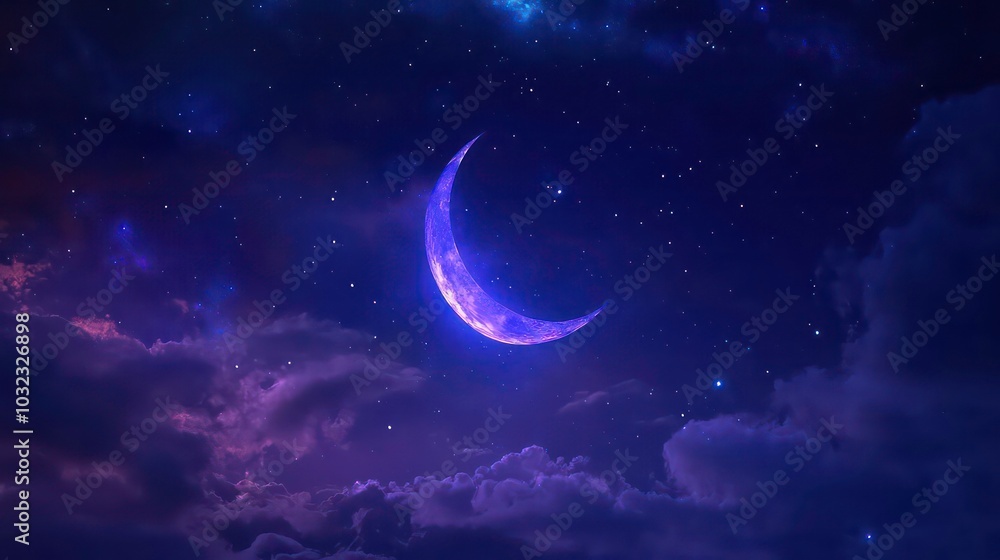 A crescent moon shines brightly in the night sky, surrounded by a sea of twinkling stars and clouds. A crescent moon shines brightly in the night sky, surrounded by a sea of twinkling stars and clouds.
