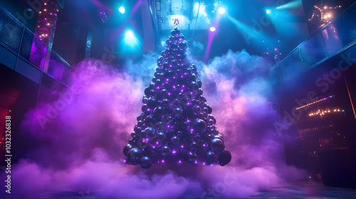 Enchanting Christmas Tree with Disco Ornaments in a Lively Nightclub Atmosphere