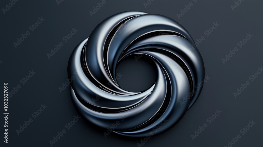 A sleek, metallic spiral design with multiple circular layers, set against a dark background, creating a modern and dynamic visual.