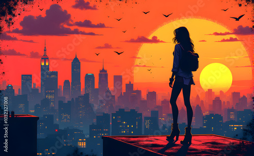 Stylish silhouette of a woman standing on a rooftop overlooking a vibrant city sunrise 