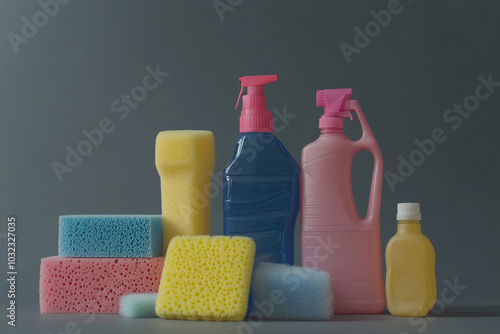 Bottles detergent cleaning tools on background, sponges household products spring cleanin photo