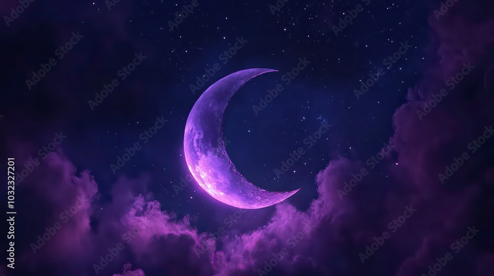 A crescent moon glows purple in the night sky, surrounded by fluffy clouds and scattered stars. A crescent moon glows purple in the night sky, surrounded by fluffy clouds and scattered stars.