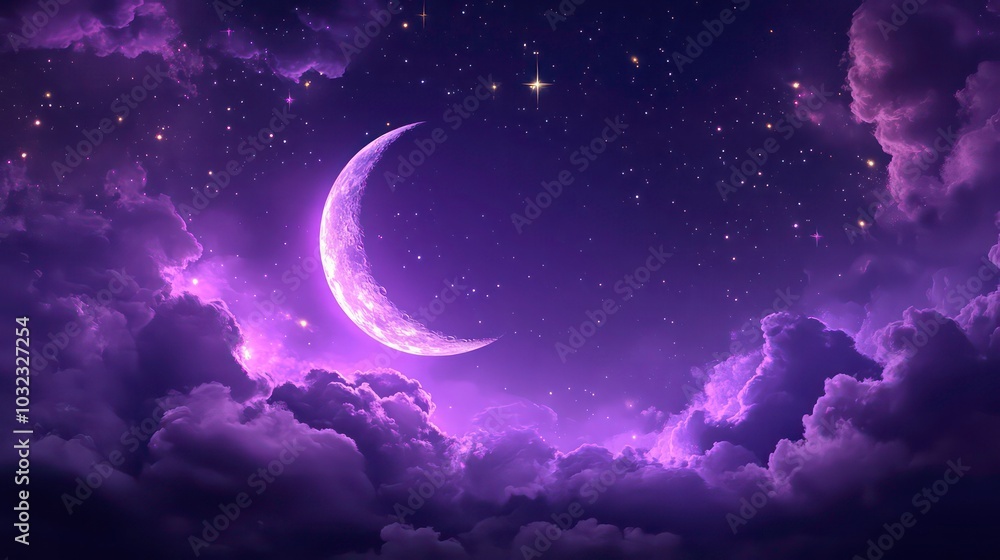A crescent moon glows brightly in a violet night sky with fluffy clouds and a scattering of stars. A crescent moon glows brightly in a violet night sky with fluffy clouds and a scattering of stars.