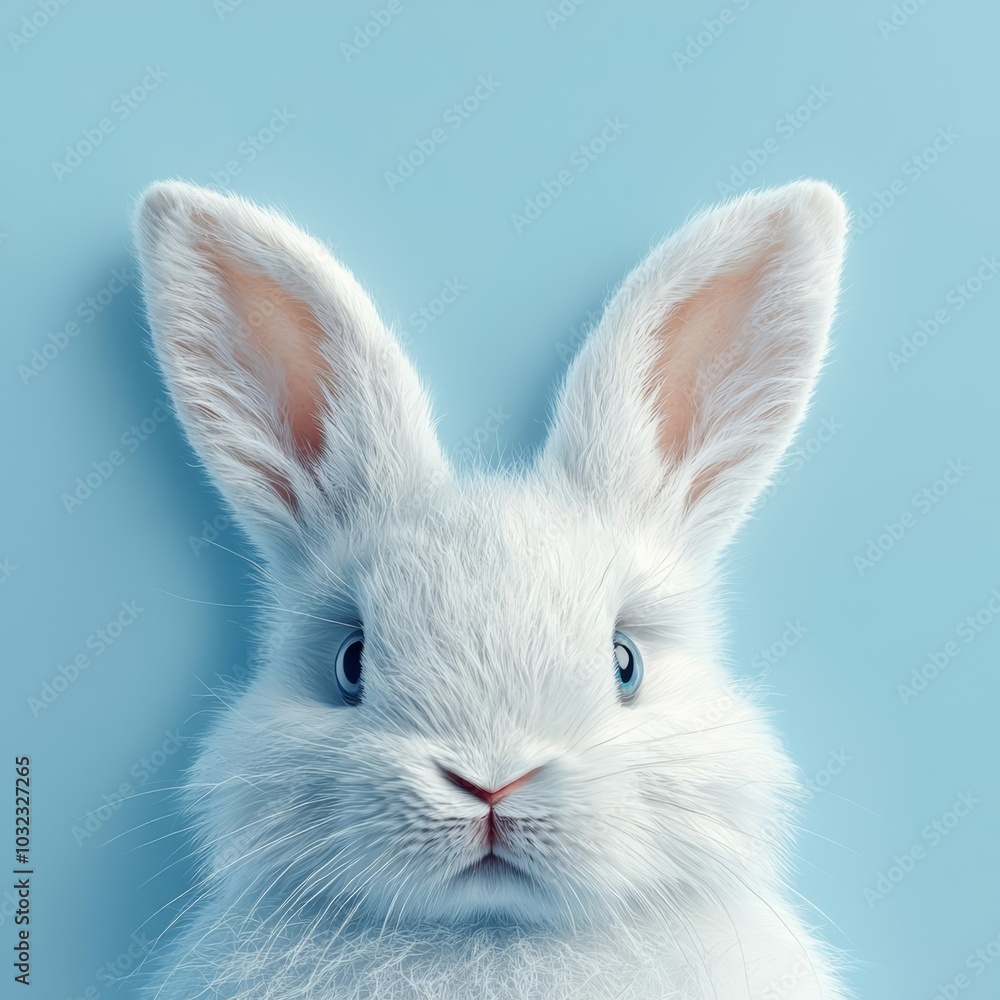 Fototapeta premium White rabbit ears on a light blue background with copy space. Easter minimalism. , isolated on white background, , free space text, copy space, copy space for text,