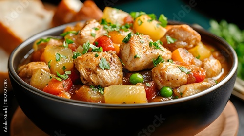 Comforting Bowl of Savory Chicken and Vegetable Stew with Freshly Baked Bread on the Side a Warming and Nourishing Meal