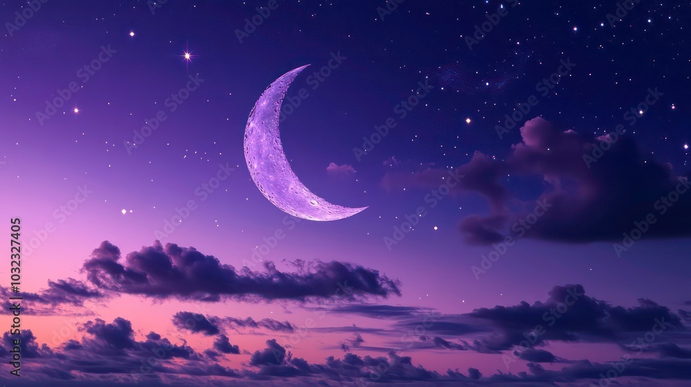 A crescent moon and stars shine brightly in a night sky with pink and purple clouds. A crescent moon and stars shine brightly in a night sky with pink and purple clouds.