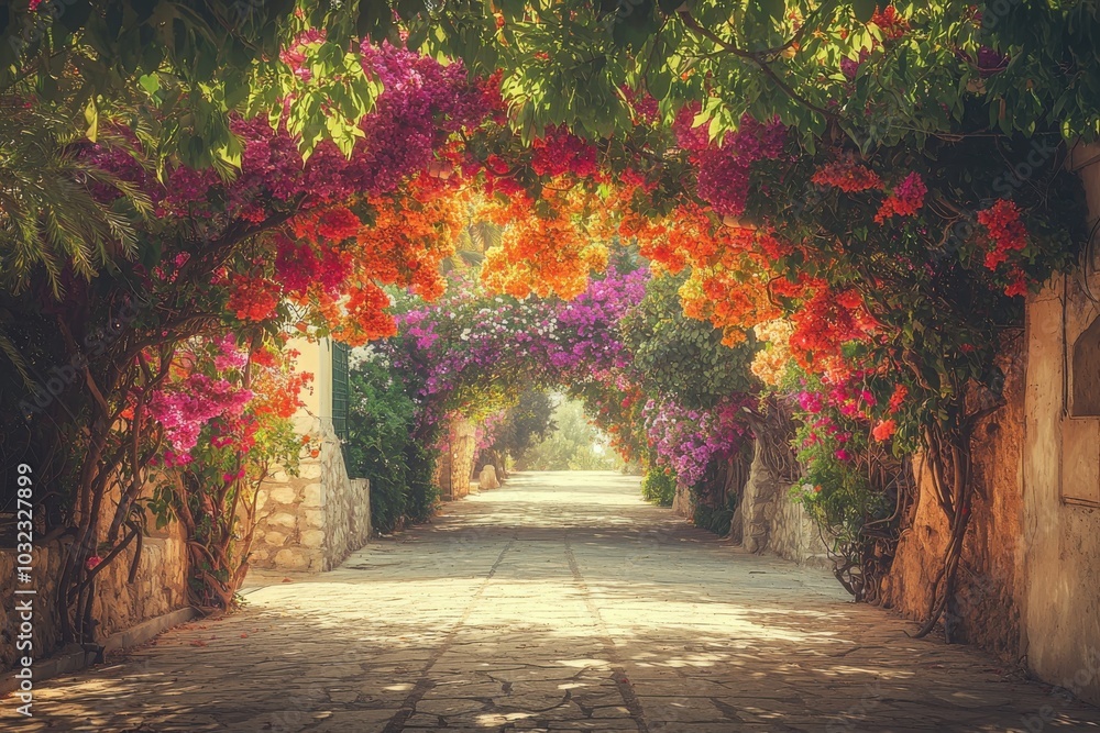 Fototapeta premium A serene pathway adorned with vibrant bougainvillea flowers, creating a picturesque and inviting atmosphere.
