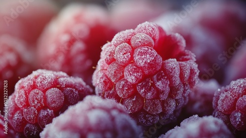 Freshly frozen raspberries piled together, showcasing their vibrant red color...