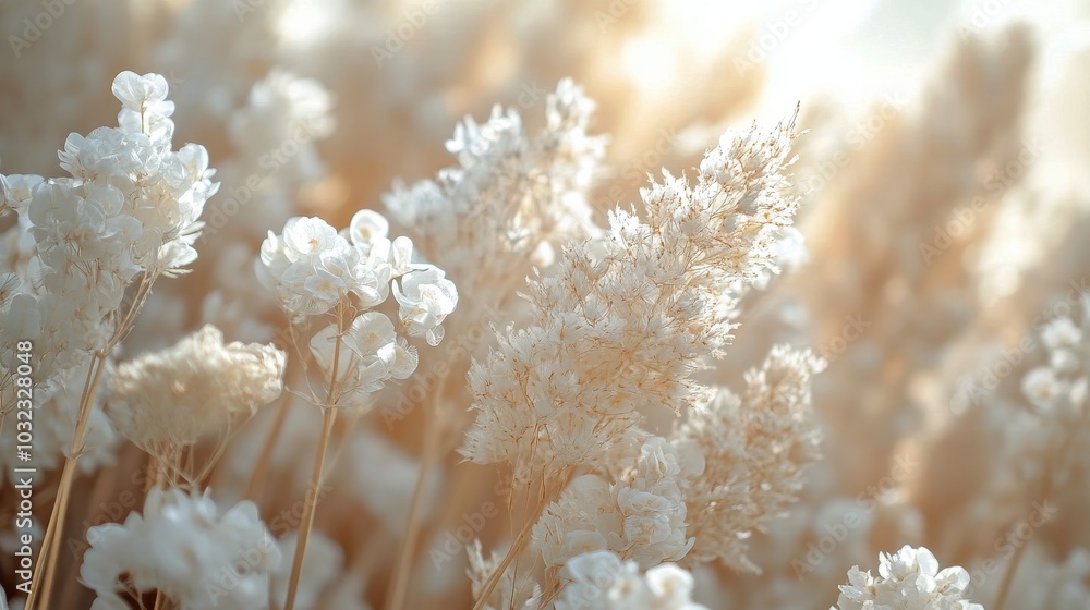 Soft white flowers blooming in a serene field during the golden hour of late afternoon Soft white flowers blooming in a serene field during the golden hour of late afternoon