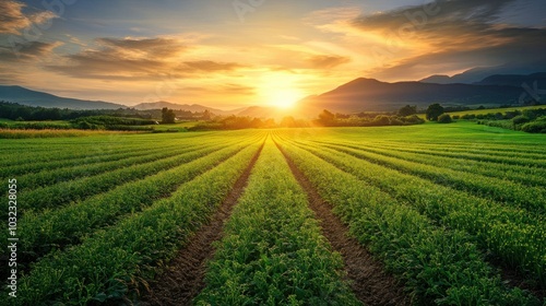 A vibrant green field with rows of crops leading towards a stunning sunset over the mountains.