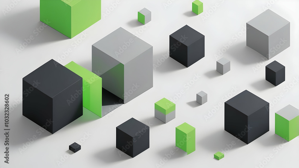 Geometric Cubical Background with Neon green, grey, dark grey accents, Modern, Minimalist Design on White Geometric Cubical Background with Neon green, grey, dark grey accents, Modern, Minimalist Design on White