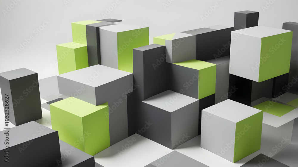 Geometric Cubical Background with Neon green, grey, dark grey accents, Modern, Minimalist Design on White Geometric Cubical Background with Neon green, grey, dark grey accents, Modern, Minimalist Design on White